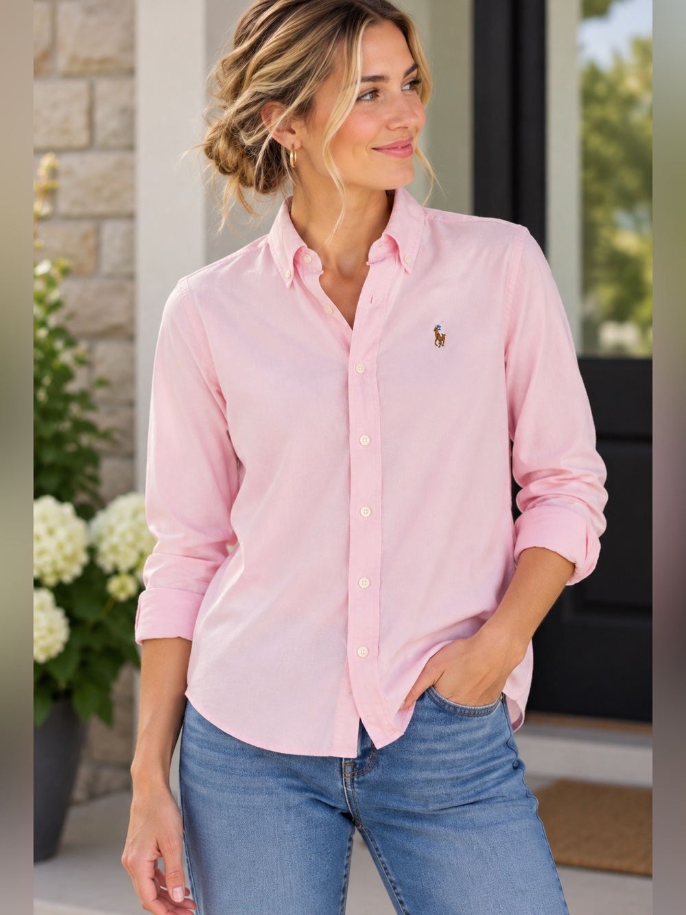 Ralph Lauren Women’s Baby Pink Cotton Oxford Button Down Shirt Size 8